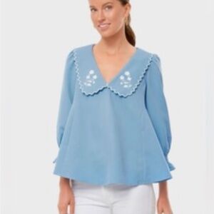 Tuckernuck Easton Cornflower Scalloped Swing Top Blue Embroidered Size Large L